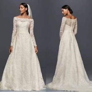 Oleg Cassini Off-the Shoulder, Lace A-Line Wedding Dress